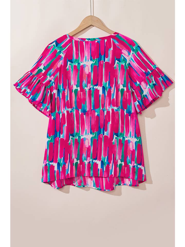 Rose Abstract Ruffle Sleeve Buttoned Blouse Plus Size for wholesale on Faire