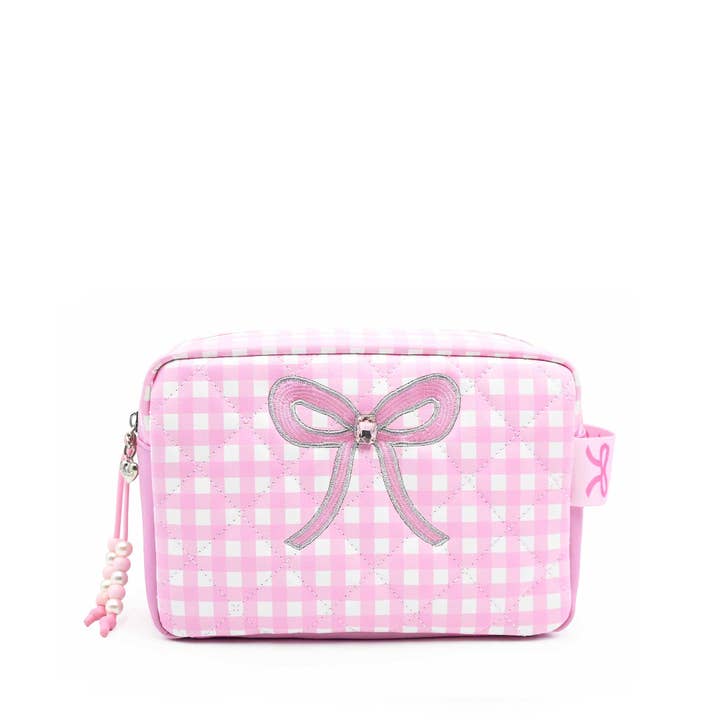 Quilted Bow Patched Gingham Printed Pouch for wholesale by OMG Accessories