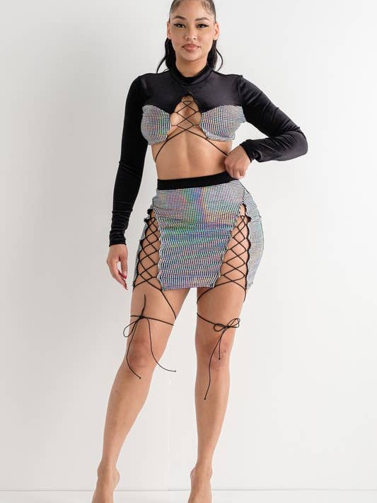 Conjunto de top e saia de manga comprida com renda espaguete por atacado de Belita Collection