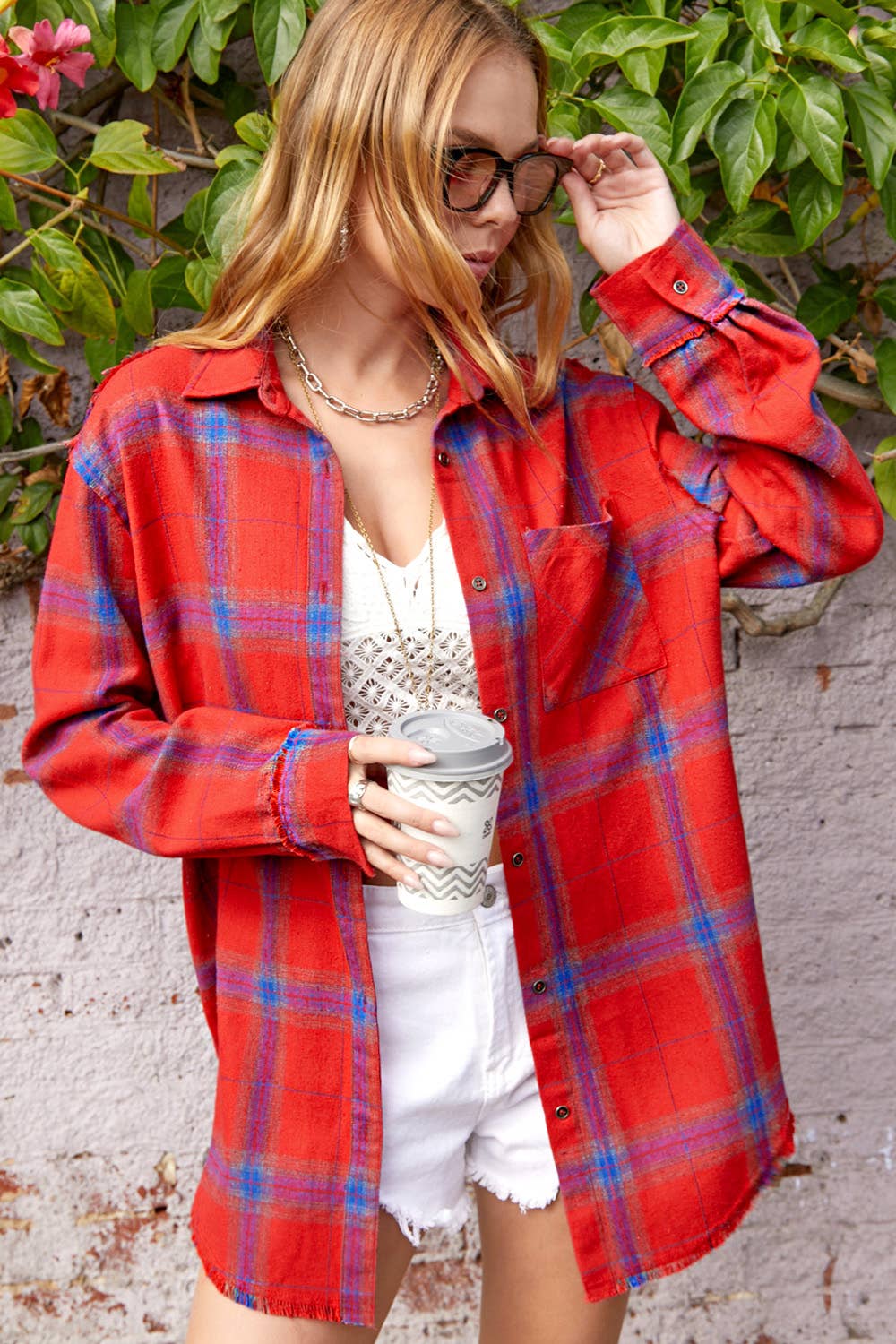 La Miel - Wholesale Button Down Shirt - Women's - SRT1372-Loose Fit Button Down Cut Edge Detailed Plaid Shirts16