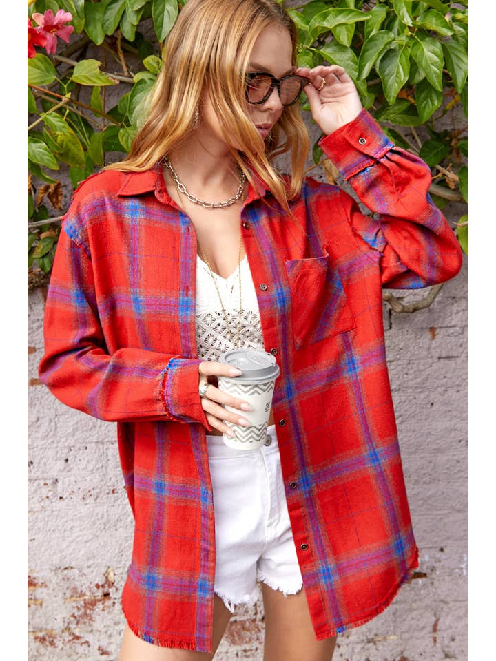 La Miel - Wholesale Button Down Shirt - Women's - SRT1372-Loose Fit Button Down Cut Edge Detailed Plaid Shirts16