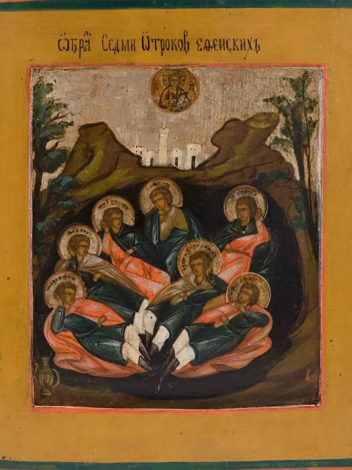 I Sette Dormienti di Efeso. Icona ortodossa in legno per la vendita all'ingrosso da parte di Iconsofsaints