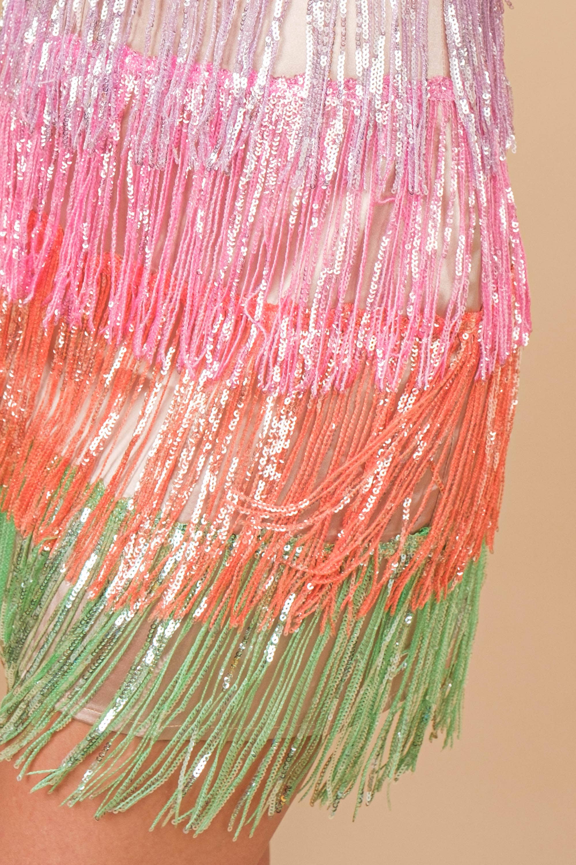 RAINBOW 50070D-Rainbow Sequin Metallic Fringe Tiered Cami Mini Dress for wholesale on Faire6