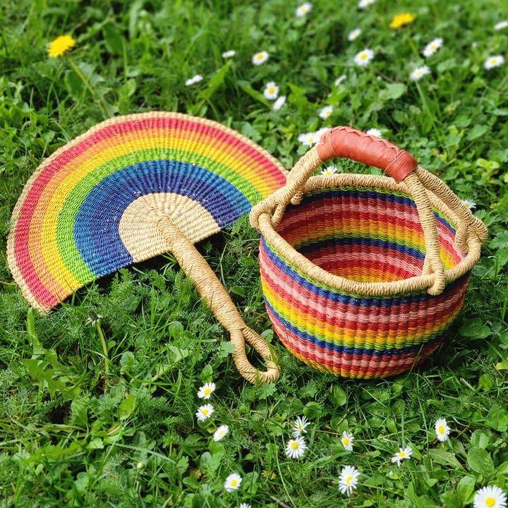 Swahili | AFRICAN MODERN - Wholesale Basket - Kids & Baby - Rainbow Chaser Baby Bolga Basket with Leather Handle