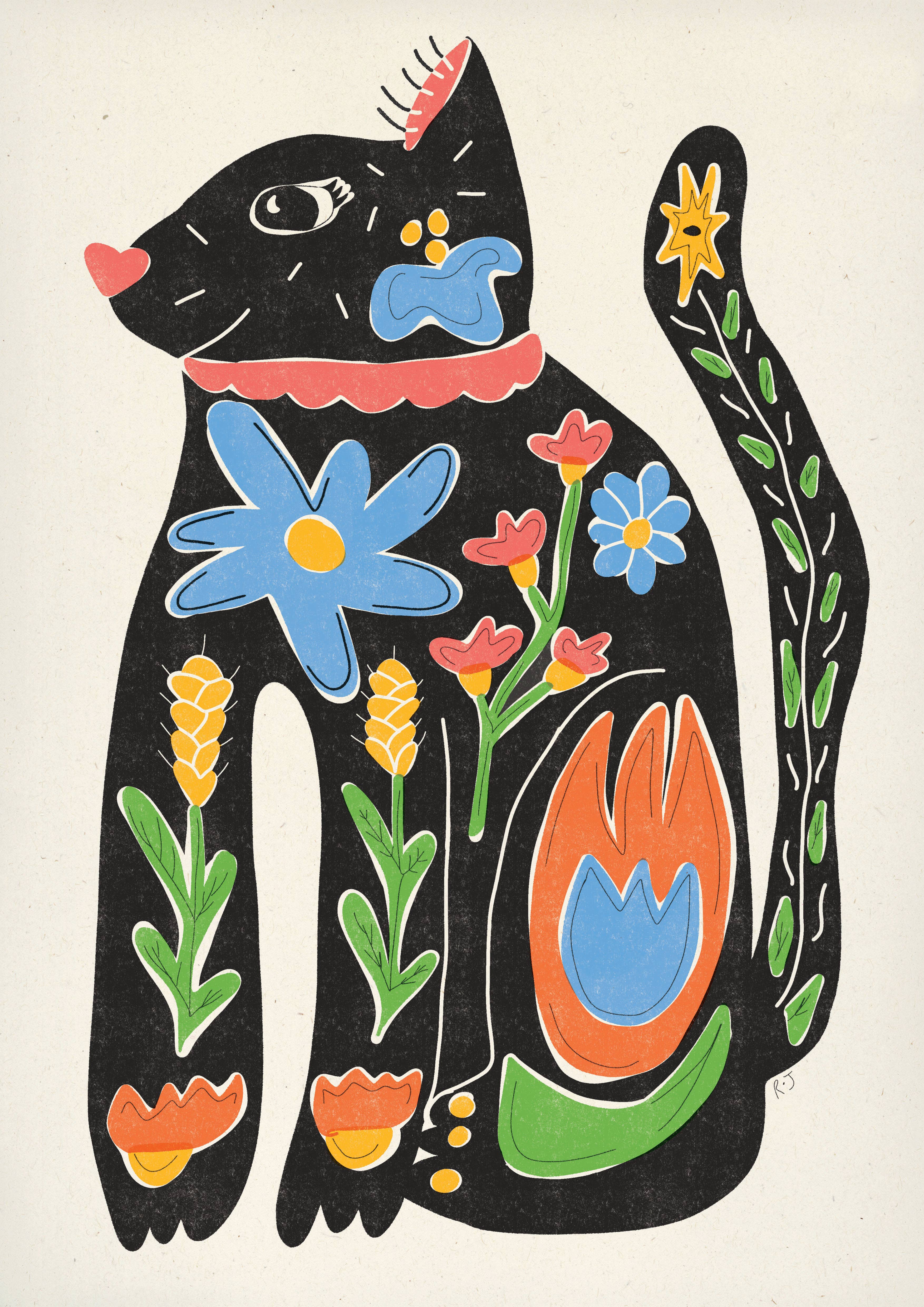Rebecca Joy Ltd - Vendita all'ingrosso Stampa artistica - 'Gatto Funky' | Colorato | Retrò | Folk | Stampa in Stile Risograph1