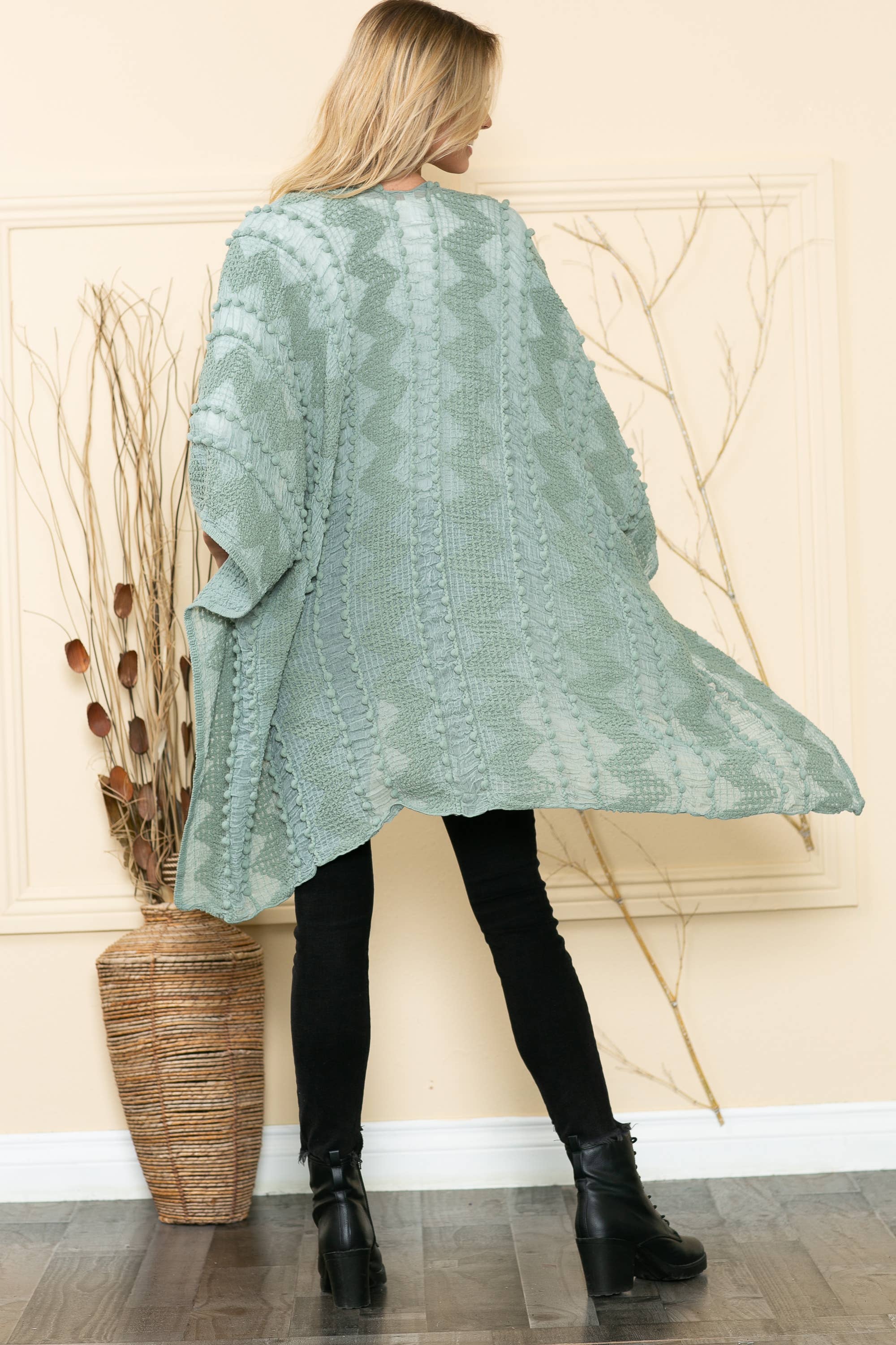 Justin & Taylor - Wholesale Kimono - Women's - Puffer-Up | Soft Textured Cover-Up Kimono With Pom Detail39