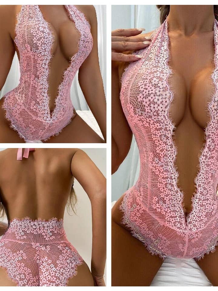 Pink Sexy Lace Hollow Siamese Pajamas for wholesale on Faire0