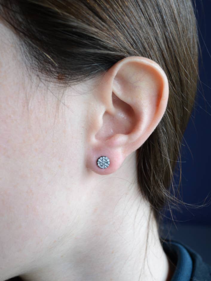 Dark Rhodium plate pave set cubic zirconia disc studs for wholesale by AJS Design Studio