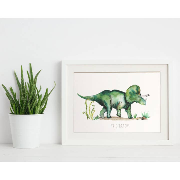 Triceratops Watercolour Dinosaur Wall Print for wholesale by Katie Hipwell Design