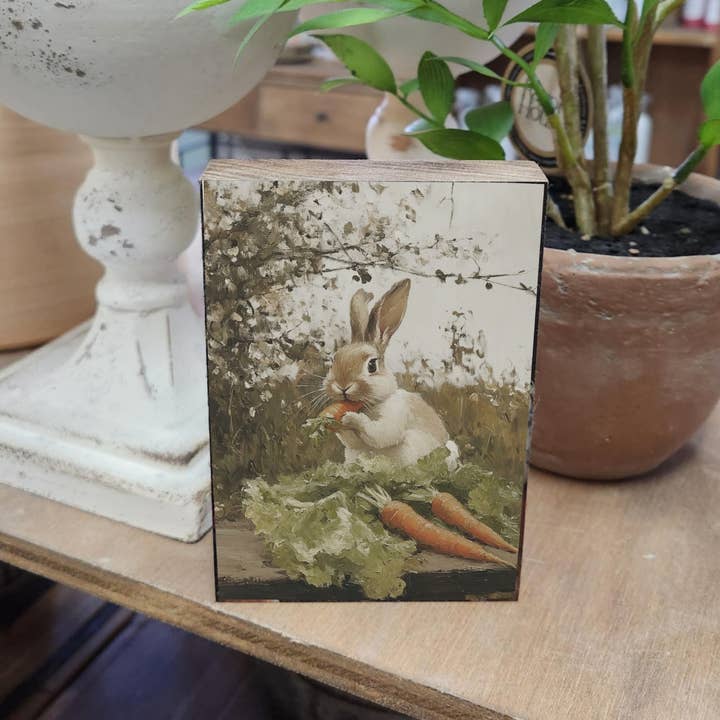 Redeemed Decor - Wholesale Decorative Tabletop Object - 3.5x5" Printed Block Bunny With Carrots0