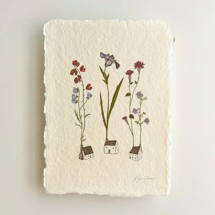 Pequeñas Casas en Flor, Impresión de Arte de Herencia en Papel Hecho a Mano para venta al por mayor de Kaari & Co.