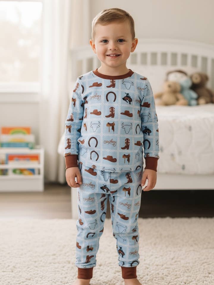 Boys LT. blue multi printed western pajamas. PJB60001 SOL for wholesale by Kids Charm Online