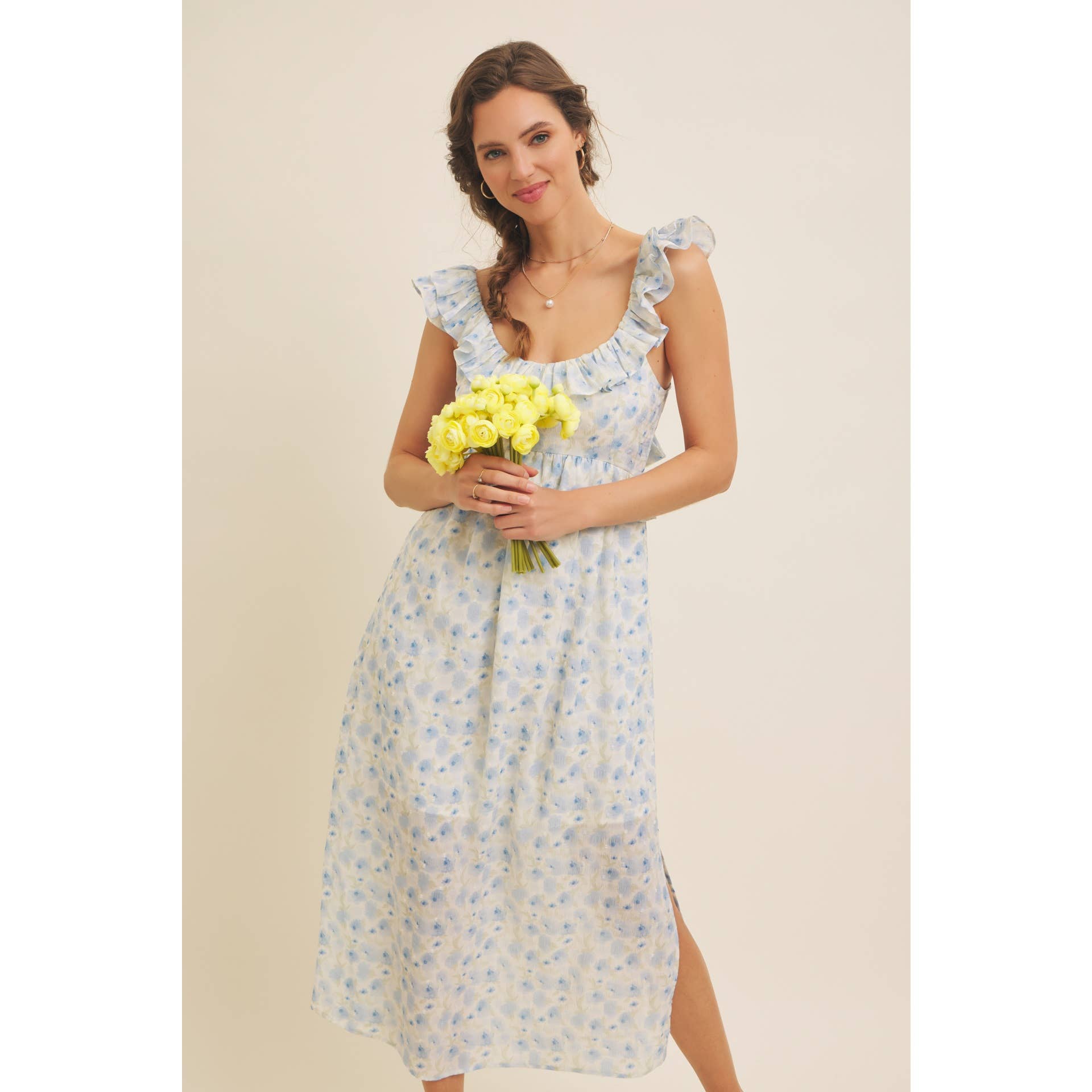 in february – Großhandel Kleid – Damen – ROMANTISCHES FLORALES MIDI-KLEID MIT SCHLITZ, RÜSCHEN UND RÜCKENBINDUNG25