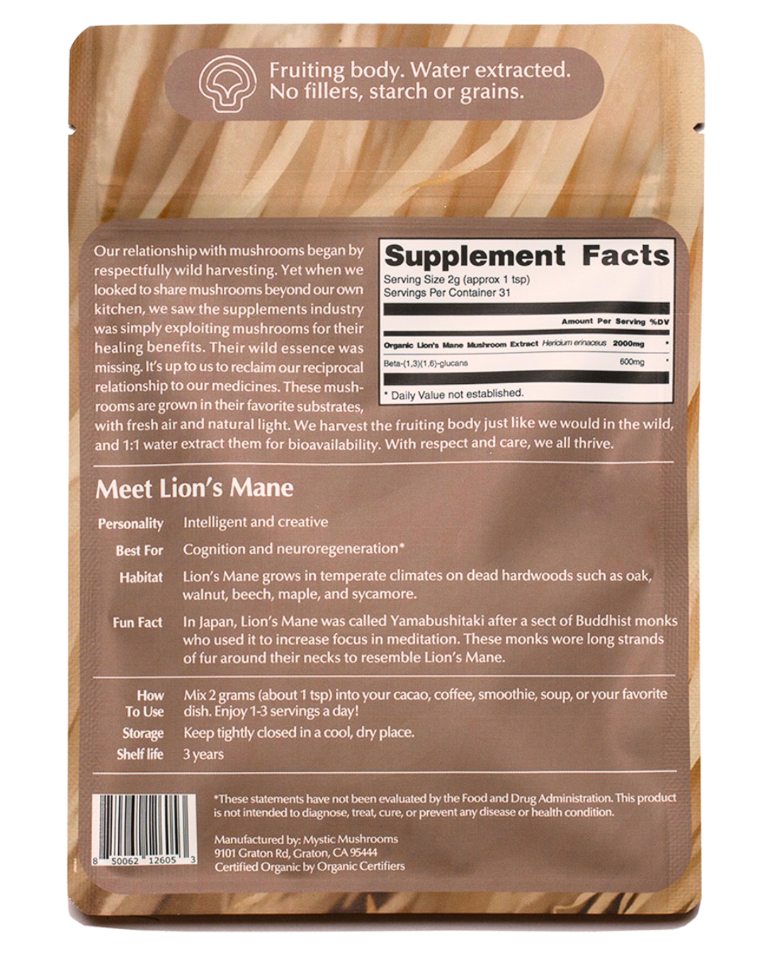 Ora Cacao - Wholesale Protein/Superfood Powder - Lion's Mane - Fruiting Body - 1:1 Water Extracted - Organic1
