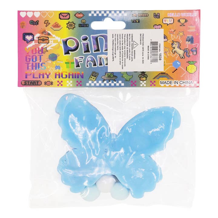 ASSORTED Butterfly Sequins Mochi Pom Pom Squishy Bag for wholesale on Faire5