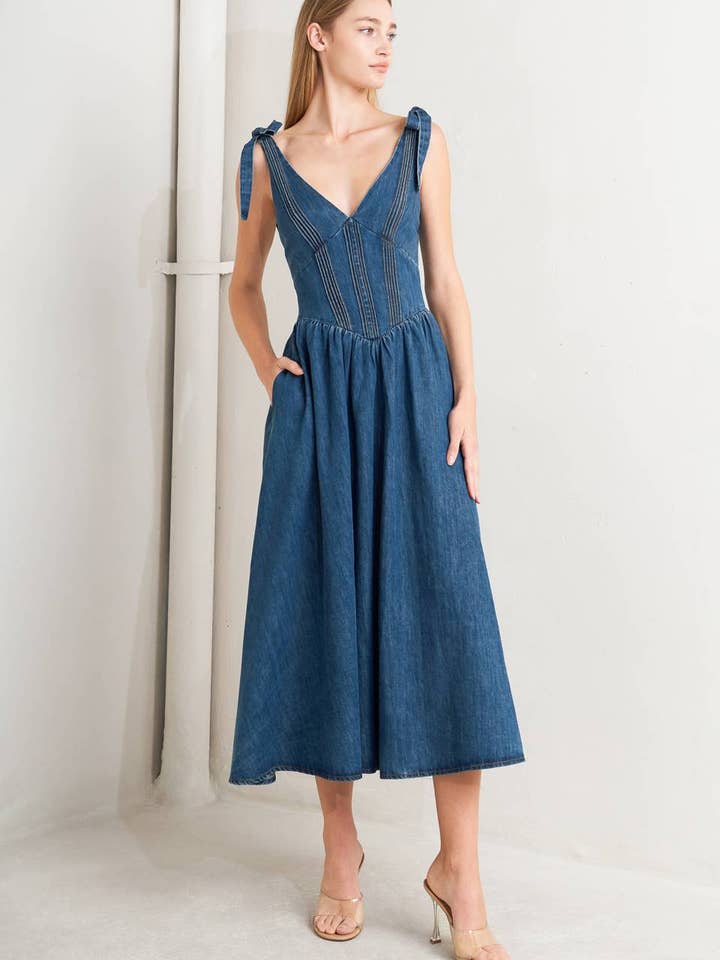 Vestido midi de mezclilla lavada - FD1906 para venta al por mayor de FLYING TOMATO