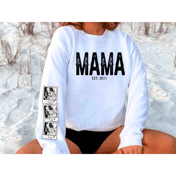 Custom Mama Mother's Day Kids name Sleeve Children Personal and other Purchase Wholesale original branded clothes. Free Returns & Net 60 Terms on Faire trending on Faire.