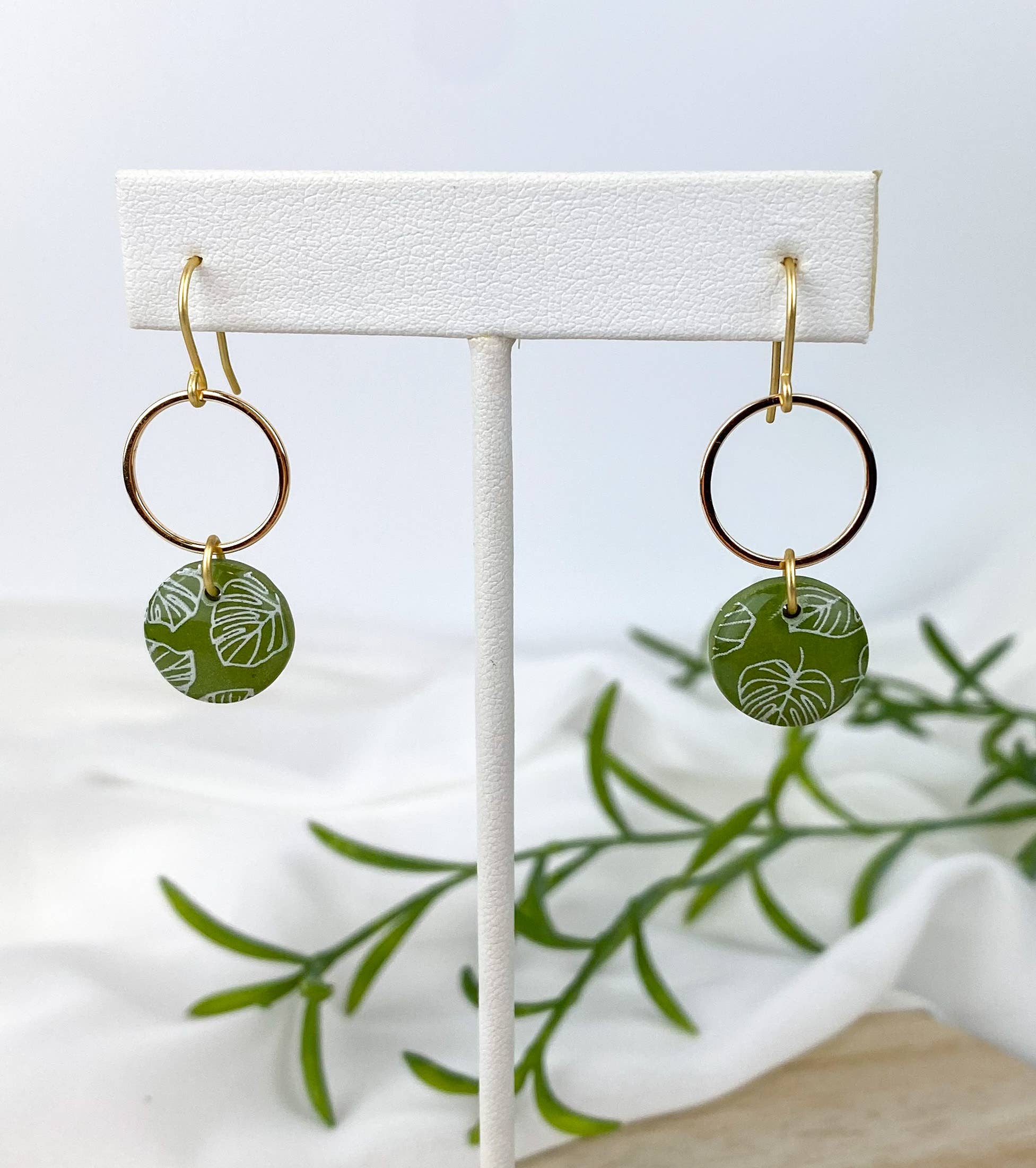 Light Shine - Wholesale Dangle Earrings - Monstera Leaf Dangle Earring | Green Spring Clay Drop |Plant6