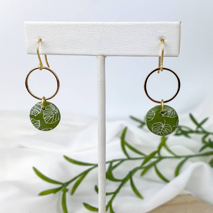 Light Shine - Wholesale Dangle Earrings - Monstera Leaf Dangle Earring | Green Spring Clay Drop |Plant6