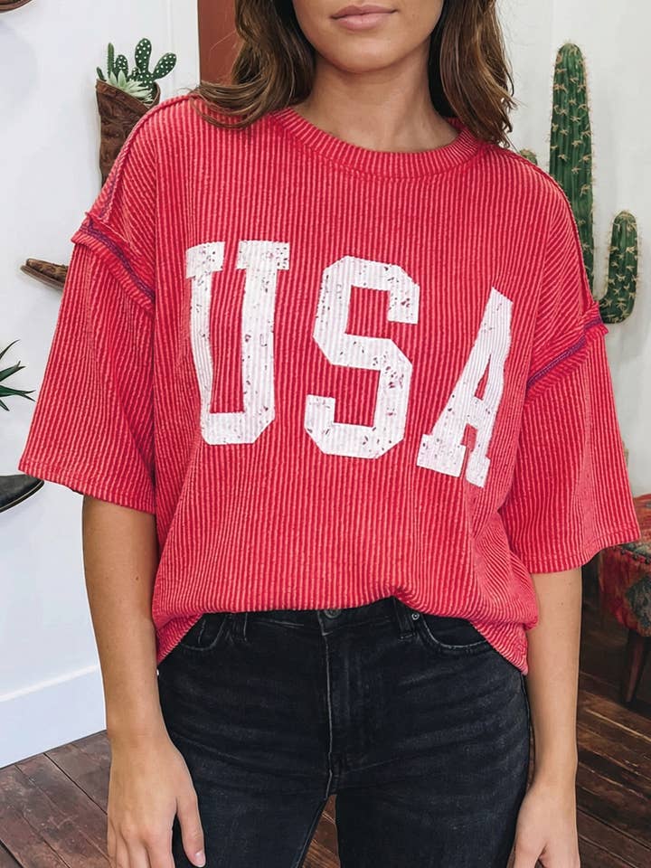 July 4th USA Graphic Half Sleeve Loose Ribbed Top for wholesale by fashionworks