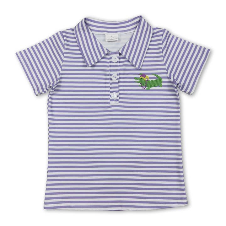 Polo garçon à manches courtes rayé violet alligator pour Mardi Gras pour la vente par Yawoo Garments