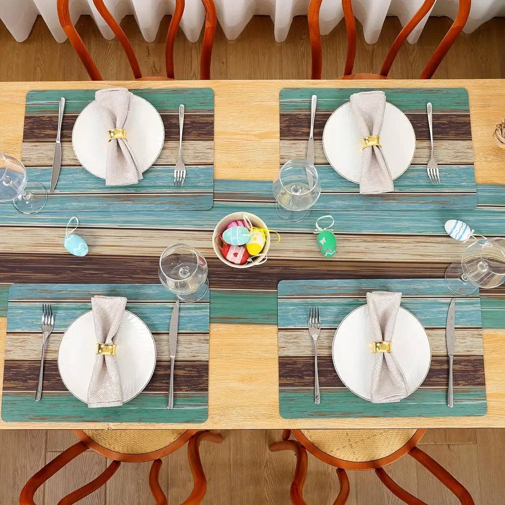 Huis Van Merken - Wholesale Placemat - Set of 4 Woven Place Mats, Blue Green Wood Grain Design1