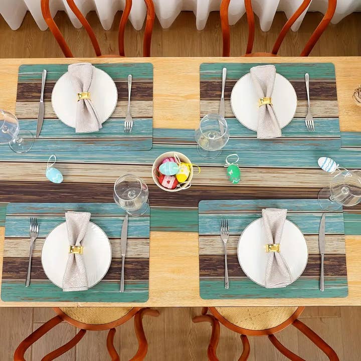 Huis Van Merken - Wholesale Placemat - Set of 4 Woven Place Mats, Blue Green Wood Grain Design1