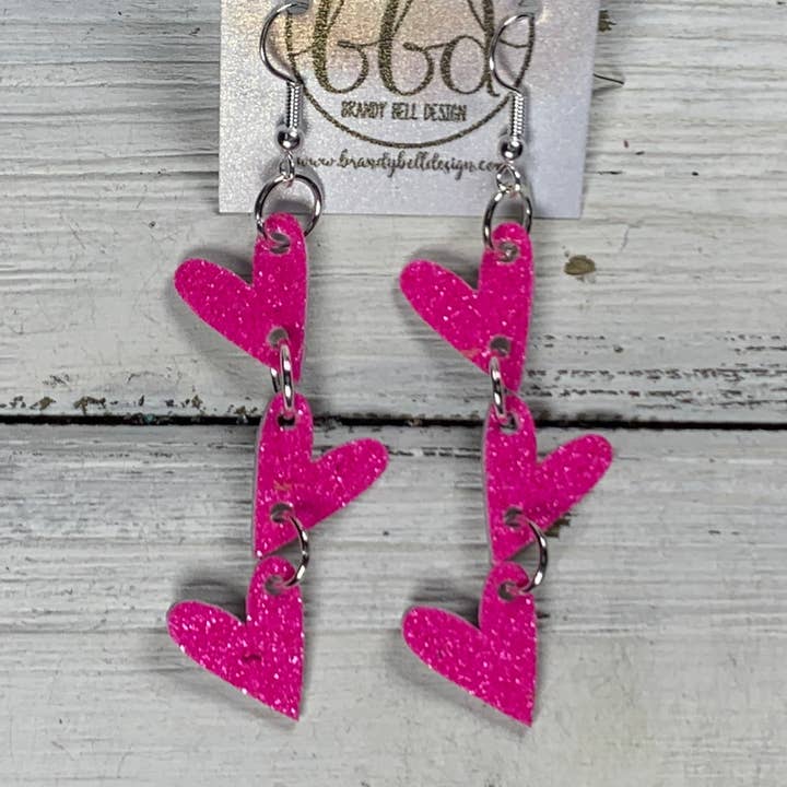 LINKED HEARTS - Tiny Hearts Collection || Leather Earrings || <BR> NEON PINK GLITTER ON THICK LEATHER for wholesale by Brandy Bell Design