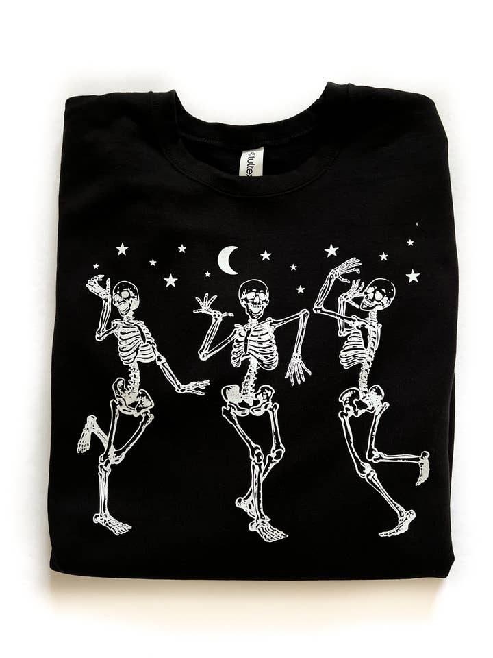 Dancing Skeletons Halloween Crewneck Sweatshirt for wholesale by Pick Your Poison Tees LLC (Formerly Wandering Owl Designs)