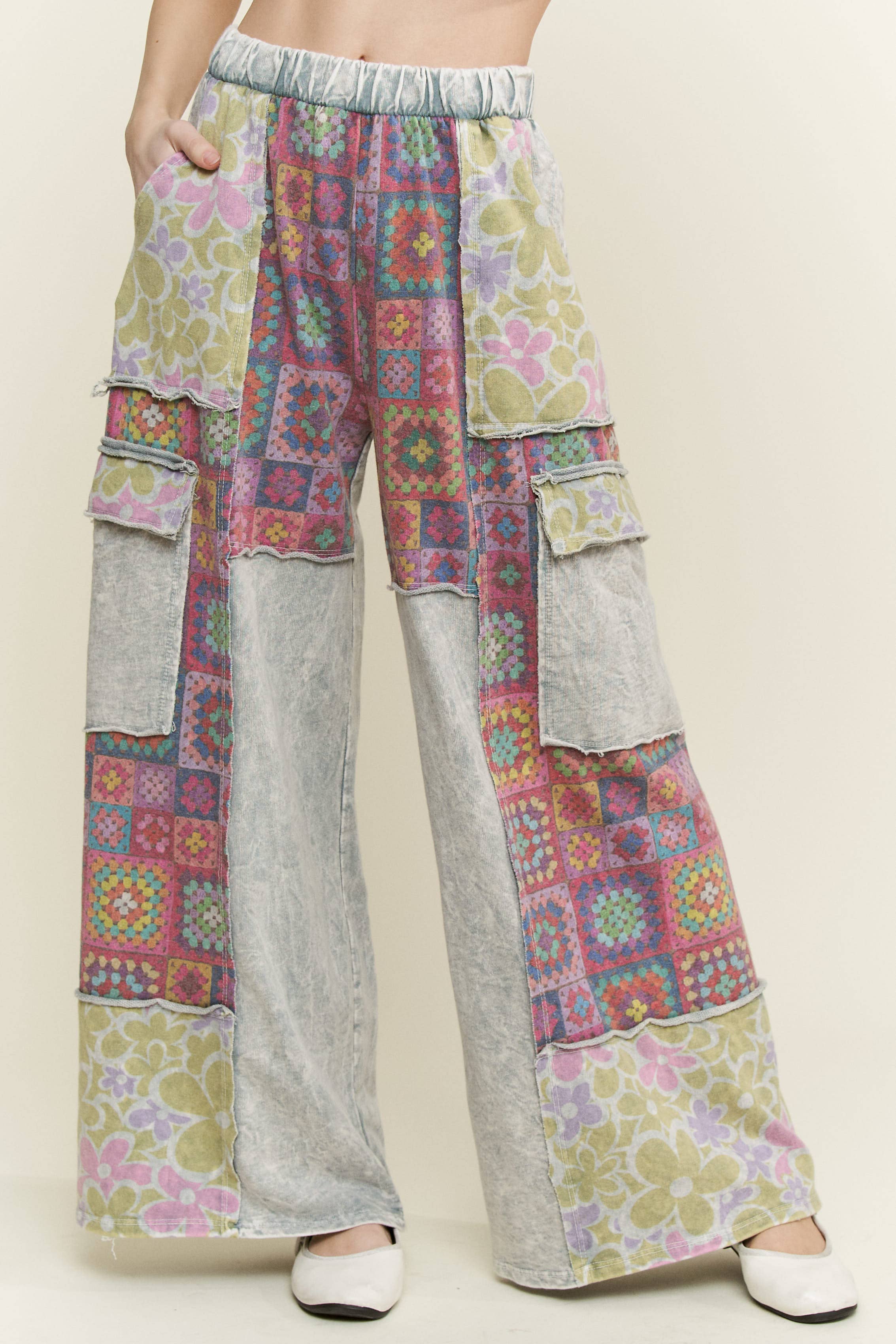 J.Her - Wholesale Pants - Women's - MineralWash Boho Crochet Floral Printed Pants HP575811