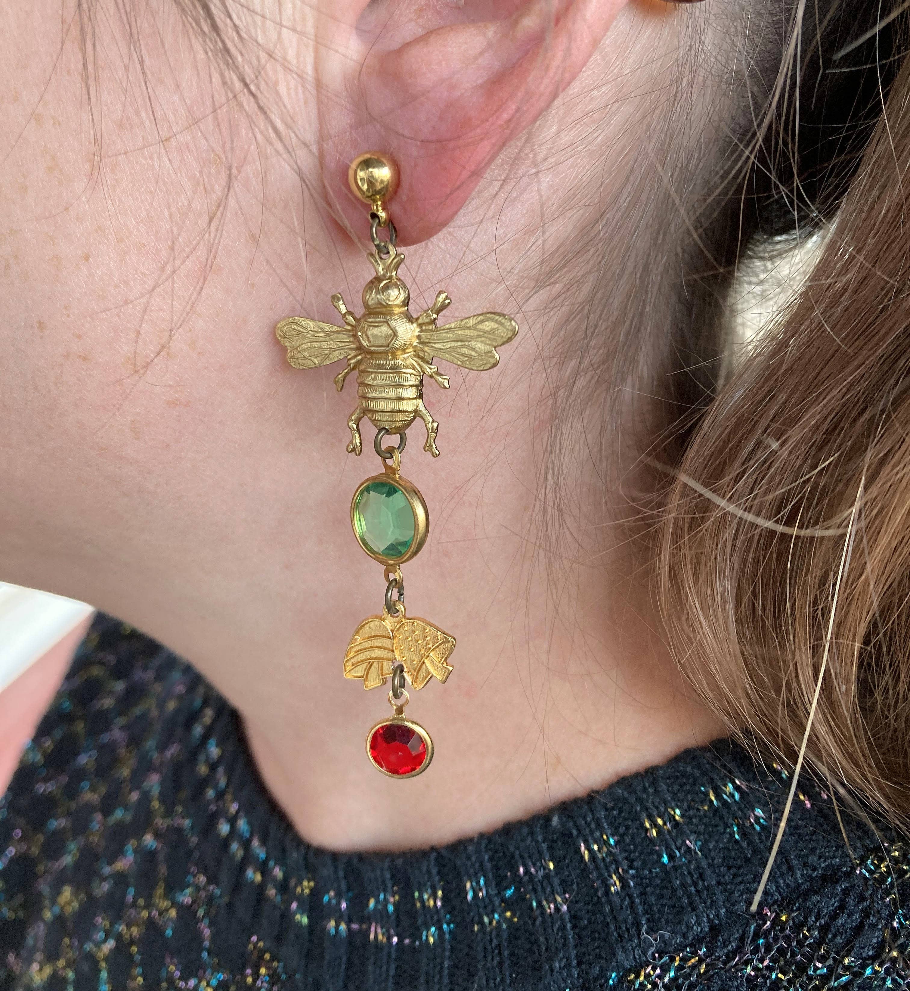 Poor Sparrow - Wholesale Dangle Earrings - Nature Study Brass & Crystal Charm Earrings1