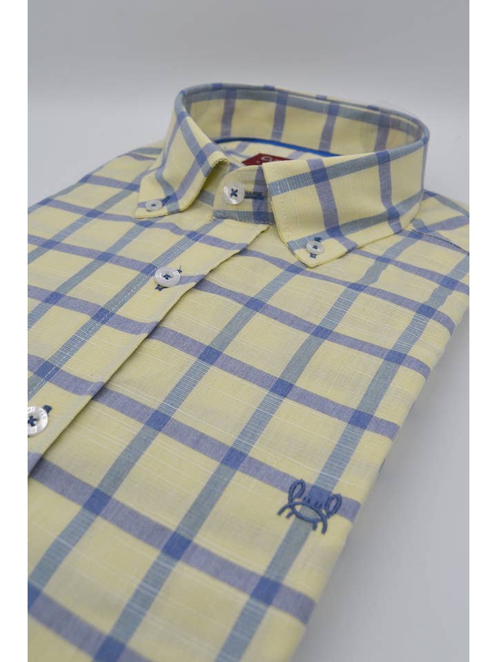 Custi Mikelo: Men's Clothing & Christmas Gifts – Engroshandel Skjorte med buttondown – Mænd – Gul Skjorte Blåt Ternet | Madrid3