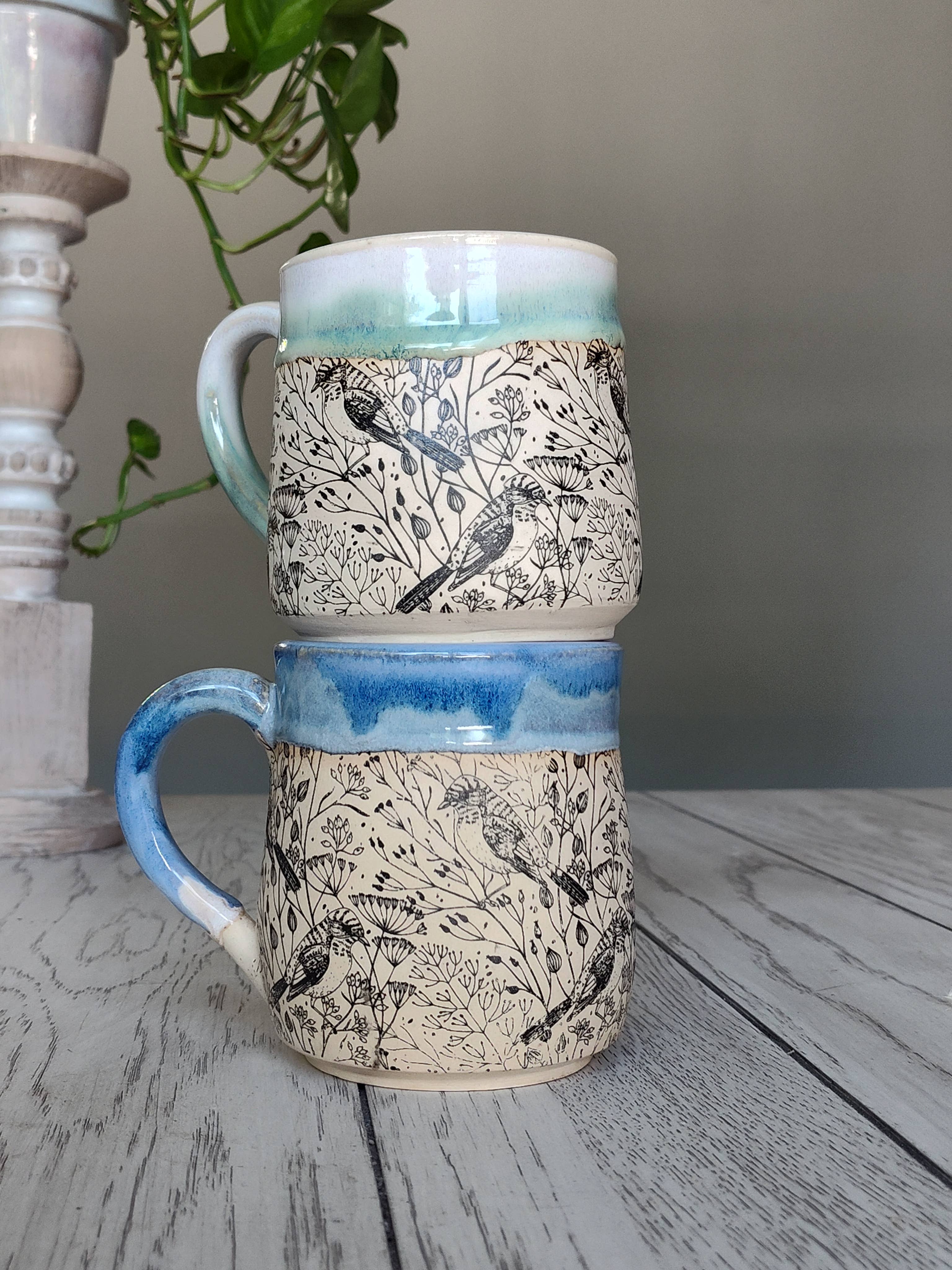 Rise and Design Art Studio - Wholesale Coffee Mug - Floral Bird Mug Blue Cream Accents (12–16 oz)3