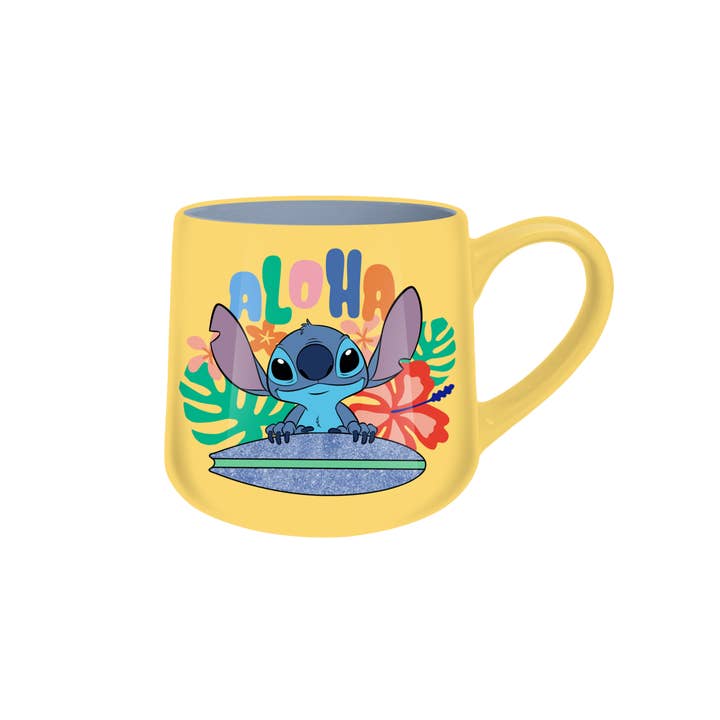 Lilo & Stitch Surfboard Glitter 18oz Tapered Pottery Mug for wholesale by Silver Buffalo