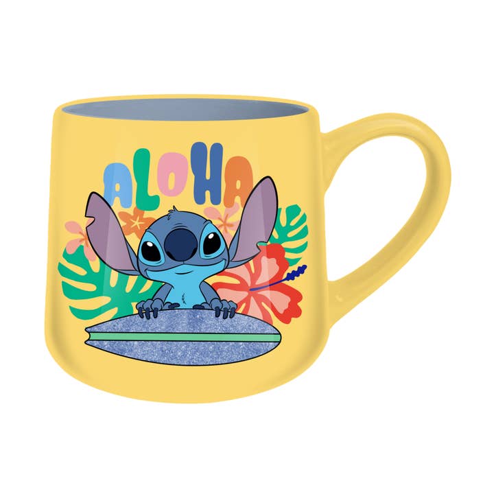 Lilo & Stitch Surfboard Glitter 18oz Tapered Pottery Mug for wholesale by Silver Buffalo