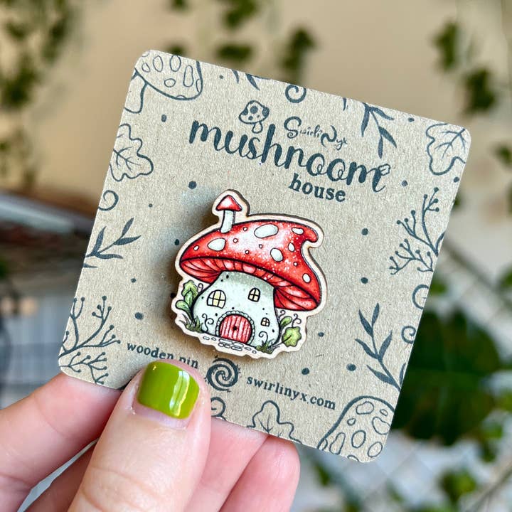 Mushroom House Wooden Pin for wholesale by SwirliNyx