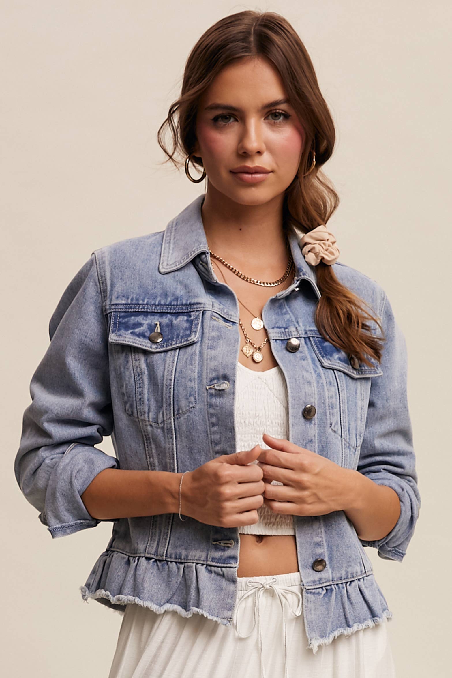 Listicle - Wholesale Denim Jacket - Women's - Ruffled Hem Denim Jacket LJ02361