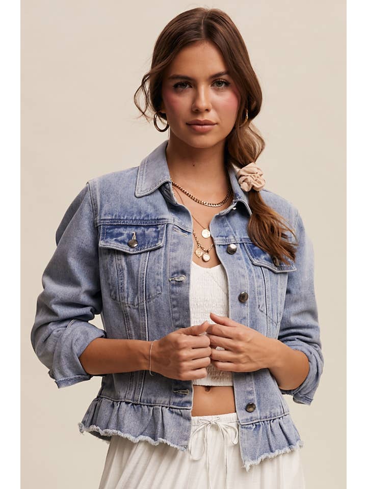 Listicle - Wholesale Denim Jacket - Women's - Ruffled Hem Denim Jacket LJ02361