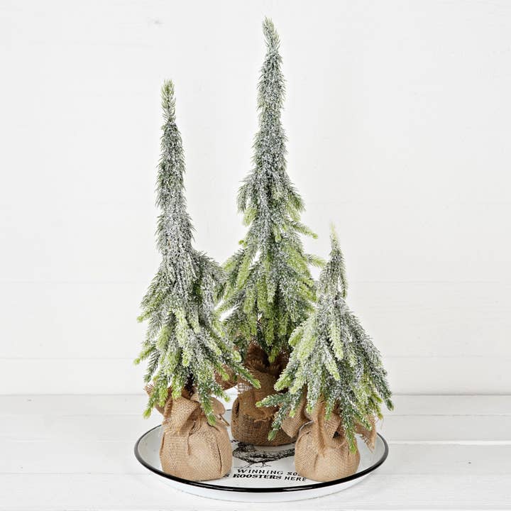 Impressive Enterprises, Inc. - Wholesale Artificial Christmas Tree - 32336- 22inH Pine Tree-Snowy country Grinch tree w burlap sa