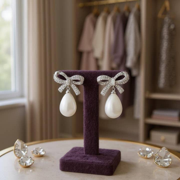 Athena Bridal Jewellery - Wholesale Dangle Earrings - CUBIC ZIRCONIA COLLECTION - GLAM BOW EARRINGS - SILVER CZER85