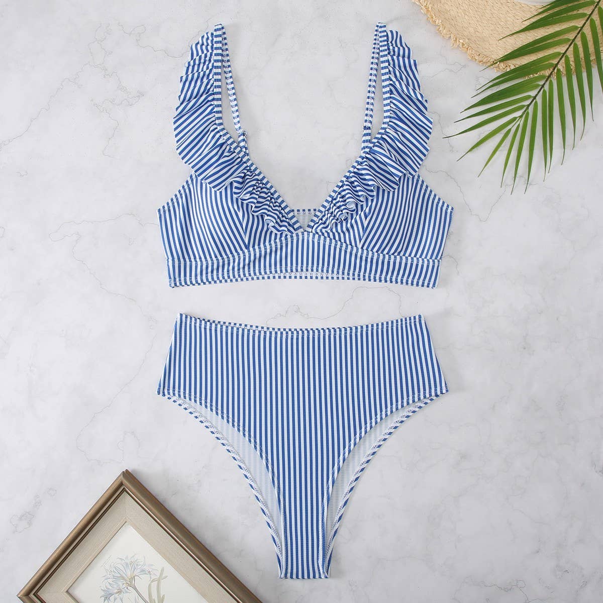 ACCITY - Wholesale Two Piece Swimsuit - Women's - High-Waisted V-Neck Ruffled Bikini Swimsuit_CWMW020010