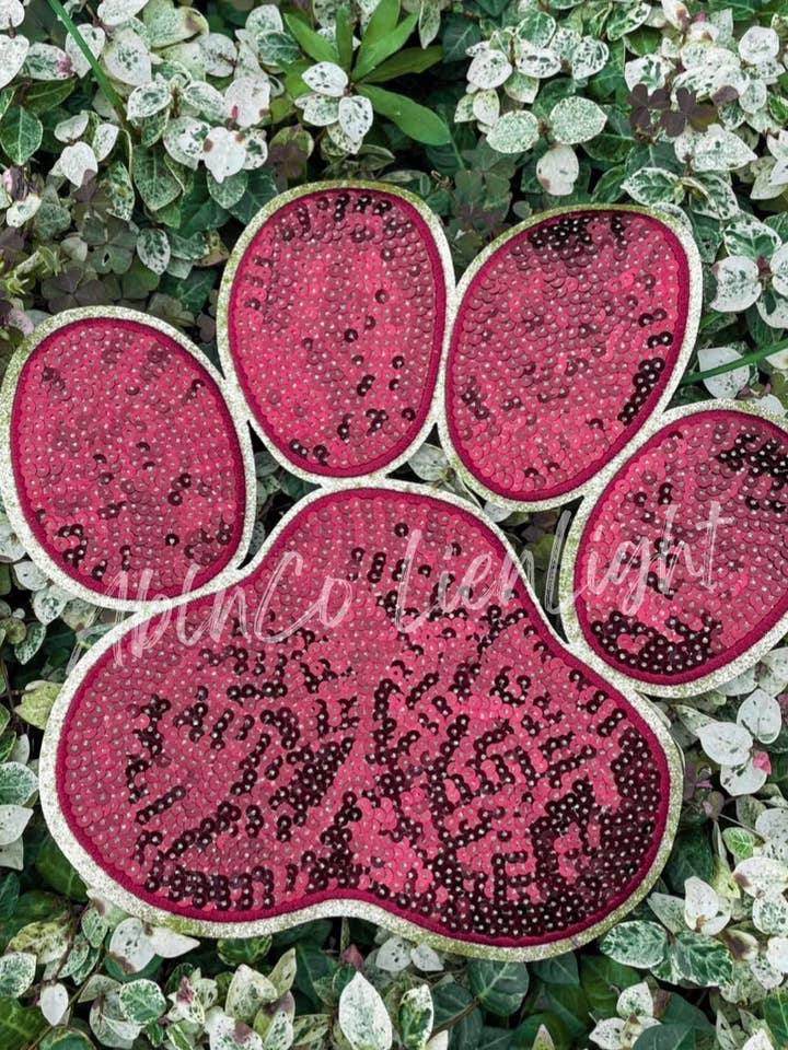 Sequin MAROON Paw Print Mascot Chenille Patch Game Day for wholesale by ABLNco
