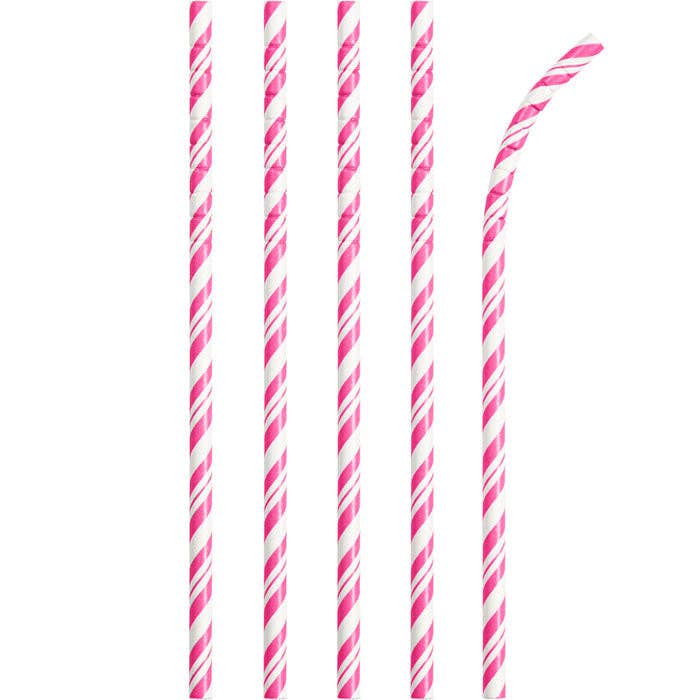 Bulk Candy Pink and White Striped Flex Paper Straws (144 per Case) for wholesale by Bulk Party Decor