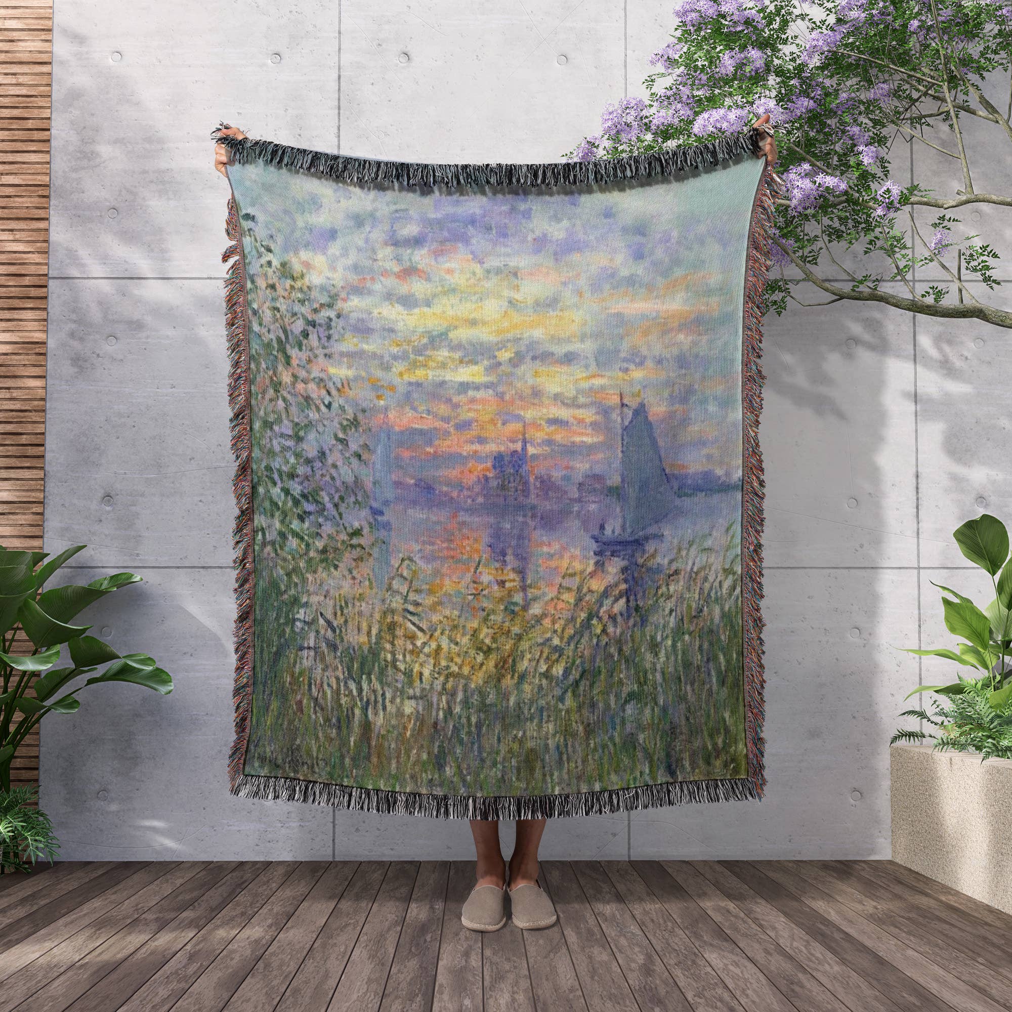 3dRose - Wholesale Throw Blanket - 3dRose, Print of Monet Painting Sunset On The Seine, Blanket2