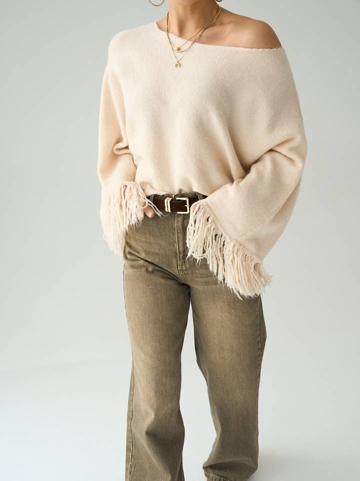 Jersey con Detalle de Flecos y Mangas Anchas Hombro Caído Acogedor para venta al por mayor de Design company-Fatma Balkir