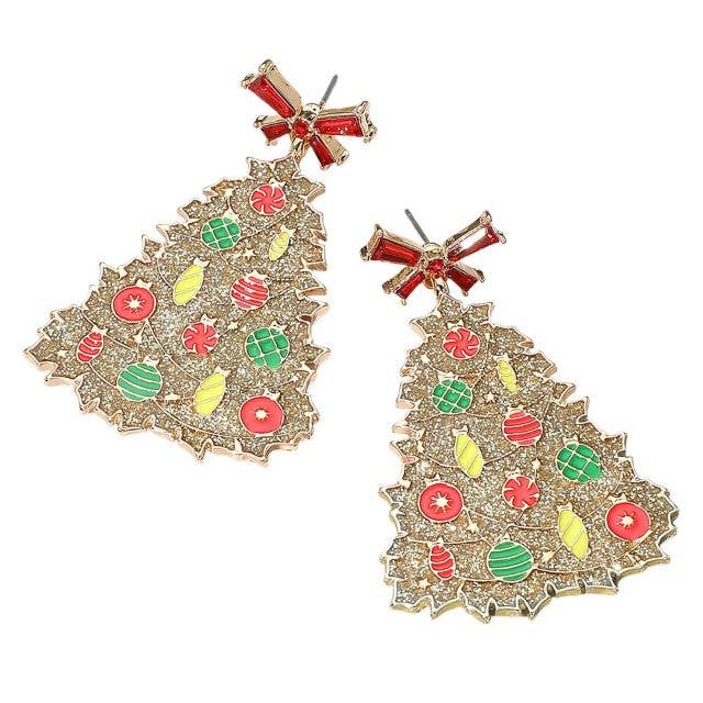 Madeline Love - Wholesale Dangle earrings - Glittered Resin Bow Topper Christmas Tree Earrings