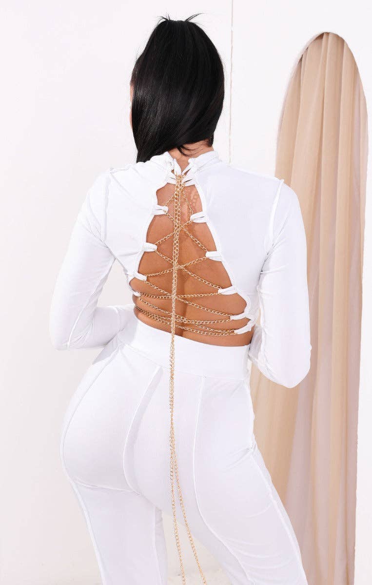 Femme Luxe - Wholesale Top & Pant Set (NOT Loungewear) - Women's - Cream High Neck Long Sleeve Crop Top High Waisted Trousers S1