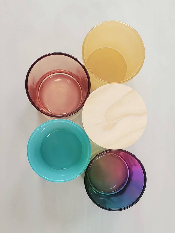 24-Pack 9.5 oz Assorted Colors Wood Lid Jars for wholesale by SweetlyRecycled LLC