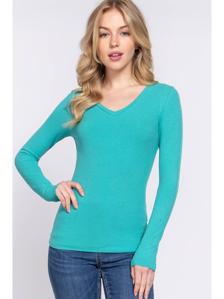 Active Basic | Active USA – Top de malha - Mulher por atacado – Top de malha de manga comprida com decote em V em Rayon 23