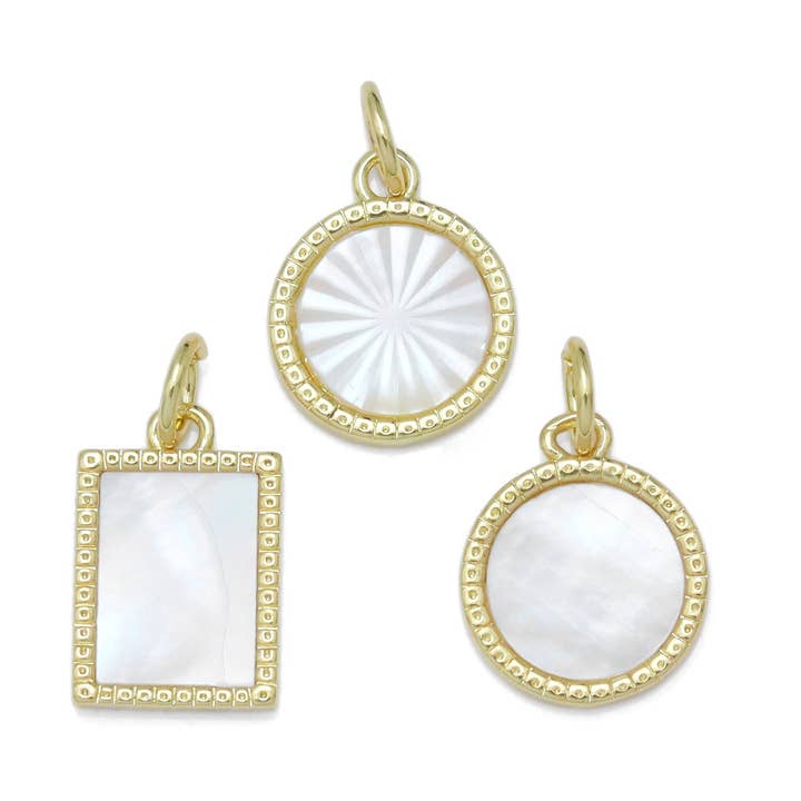 Mop Mother of Pearl Gold Coin Square Pendant Charm,Sku#LX597 for wholesale by BestBeads&Beyond